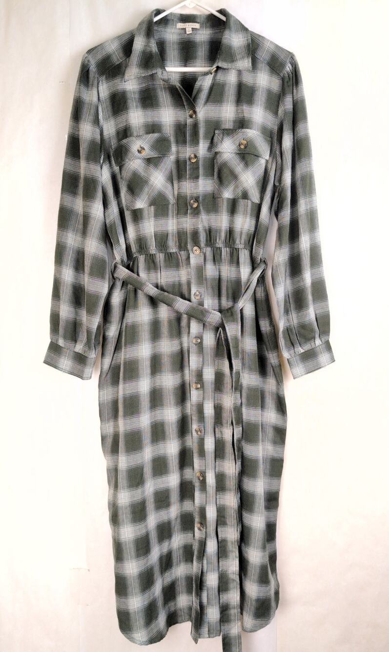 Kate & Sam green plaid belted maxi shirt dress Size L Classic Granola Cabin